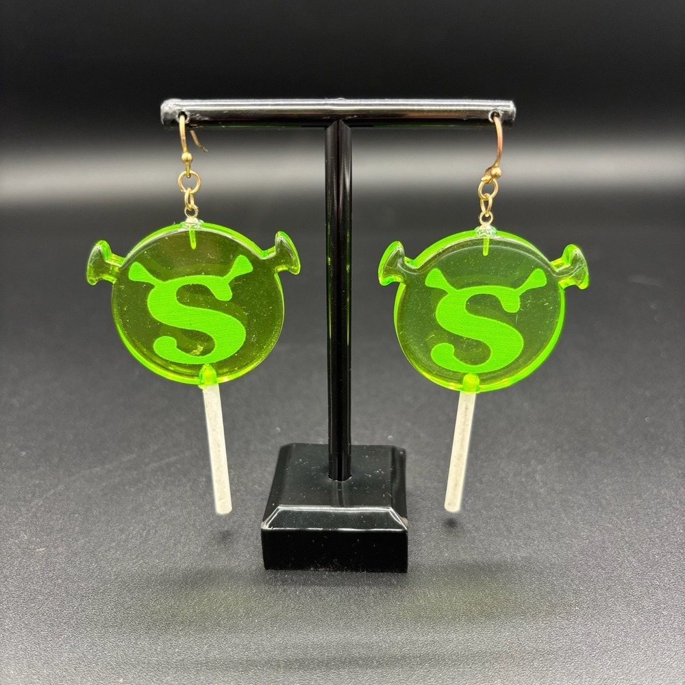 Vintage Signature "S" Shrek Green Lollipop Epoxy Resin Dangle Drop Earrings Y2K